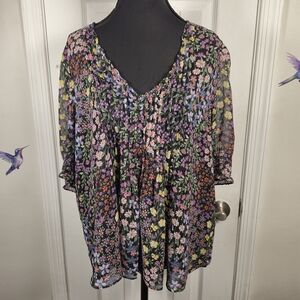 1.STATE Floral Pleated V-Neck Chiffon Blouse XL